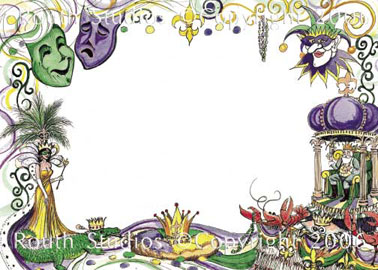 Louisiana Greeting Cards - Cajun Greeting Cards - Mardi Gras Collage with King, Queen, Jester, crown, fleur-de-lis, king cake, alligator, and crawfish Note cards